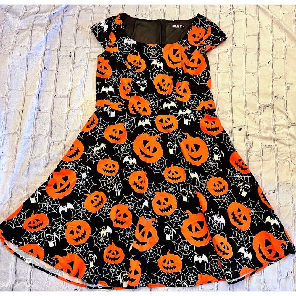 PUKAVT Halloween Pumpkin Spiderweb Bat Fit & Flare Skater Dress XL Black Orange